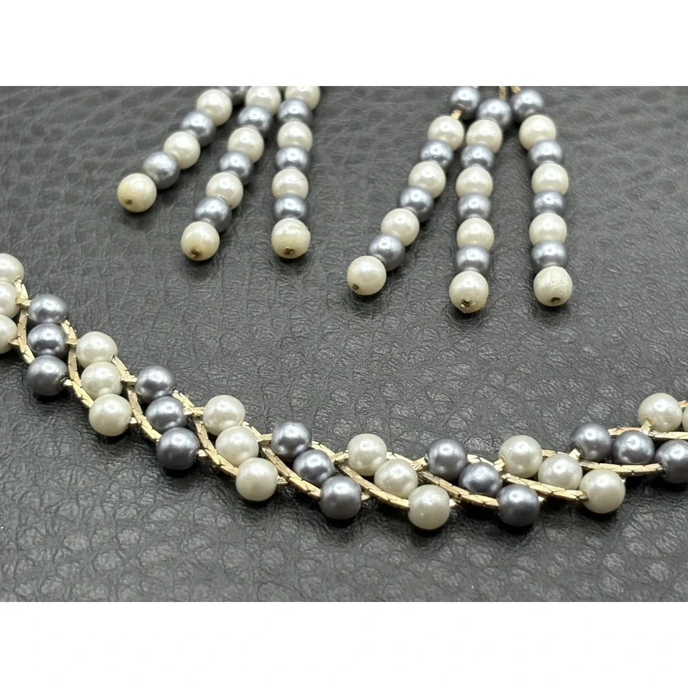 Vintage Imitation Pearl Gold Tone Necklace Pierced Dangle Fringe Earrings Set